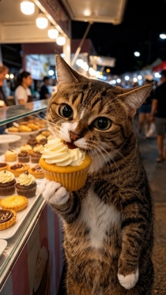 猫画像｜屋台で食べ歩き風にゃん！